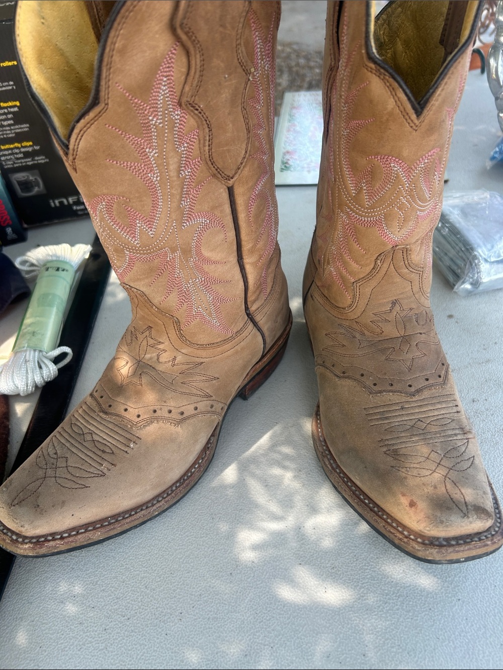 Women's Tan Suede Western Ankle Boots with Pink Stitching
